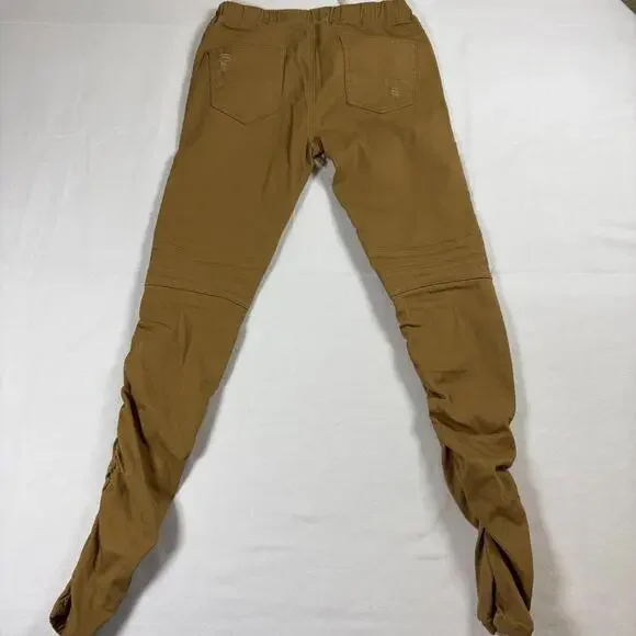 Moto Jogger Pants Mens M Tan Biker Distressed Zipper Streetwear Skinny Fit Y2K - Picture 7 of 8